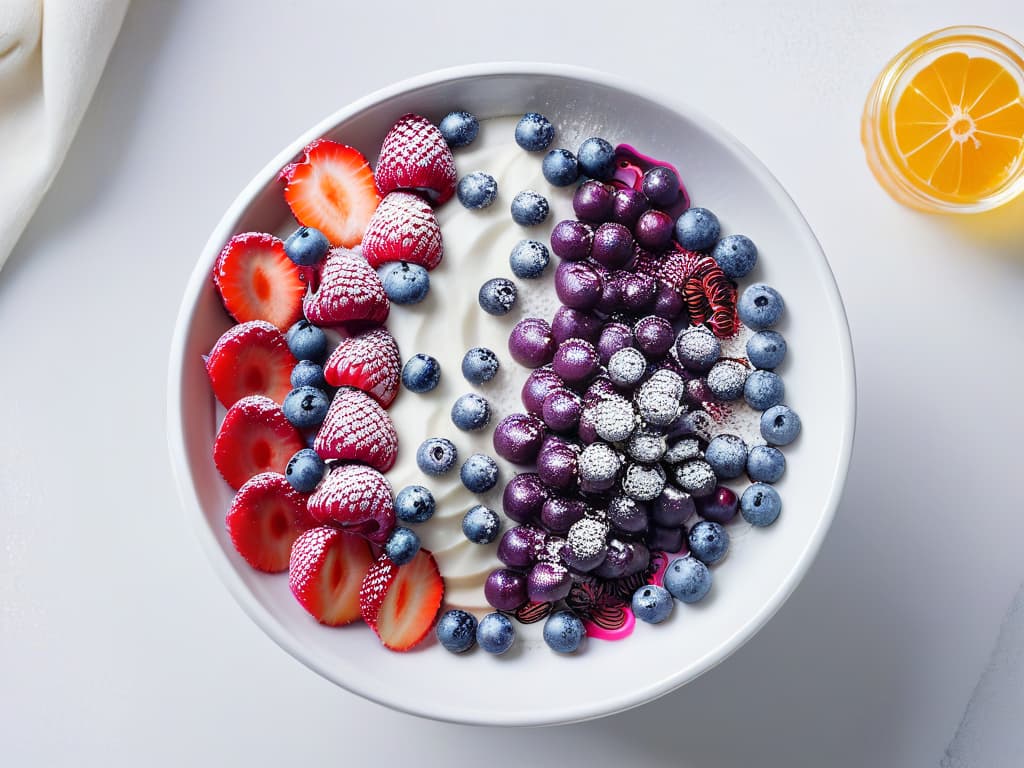  A highresolution, 8k ultradetailed image of a vibrant açaí bowl topped with meticulously arranged fresh berries, granola, and a drizzle of honey, all set against a sleek, modern white marble background. The açaí bowl is expertly garnished with edible flowers and coconut shavings, showcasing a perfect balance of colors and textures that exude an air of sophistication and culinary artistry. This minimalistic yet visually striking image epitomizes the exotic and healthy allure of incorporating açaí into delectable desserts, appealing to the audience's desire for both aesthetic appeal and nutritious indulgence. hyperrealistic, full body, detailed clothing, highly detailed, cinematic lighting, stunningly beautiful, intricate, sharp focus, f/1. 8, 85mm, (centered image composition), (professionally color graded), ((bright soft diffused light)), volumetric fog, trending on instagram, trending on tumblr, HDR 4K, 8K