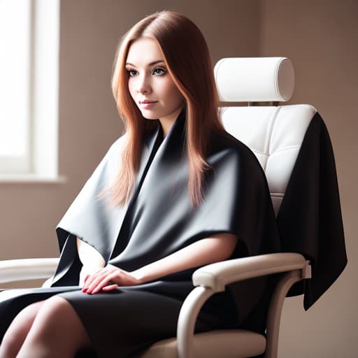  Woman with a salon cape on sitting in a chair facing the camera hair down