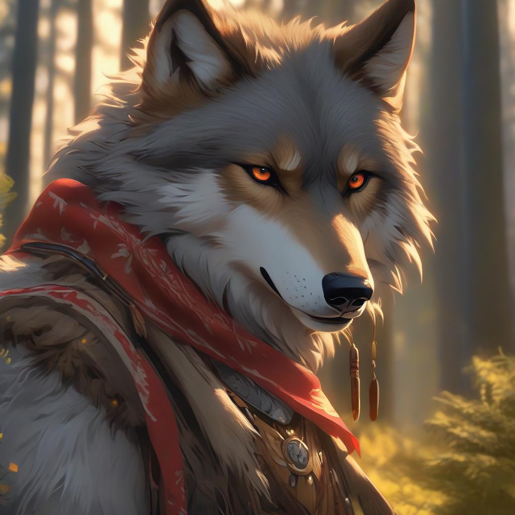  full face, a drunken, smirk, the anthropomorphic gray wolf, a gold earring ring in his ear, a red bandana, yellow eyes, against the background of the forest hyperrealistic, full body, detailed clothing, highly detailed, cinematic lighting, stunningly beautiful, intricate, sharp focus, f/1. 8, 85mm, (centered image composition), (professionally color graded), ((bright soft diffused light)), volumetric fog, trending on instagram, trending on tumblr, HDR 4K, 8K