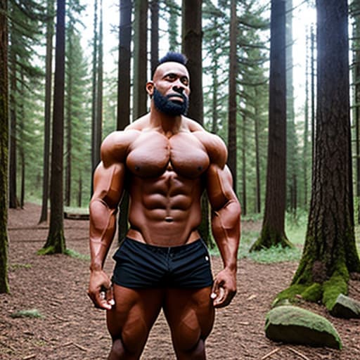  A massively muscled black werewolf standing in a forest