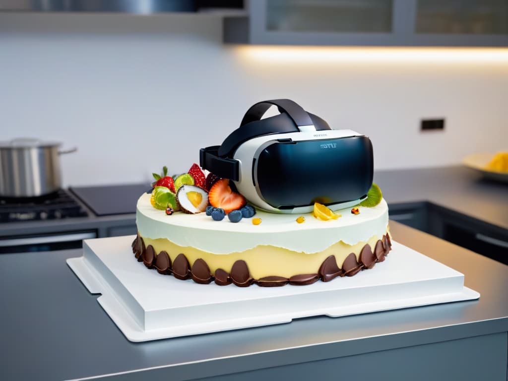  A highresolution, minimalist image showing a virtual reality headset placed on a sleek, modern kitchen counter. The headset's screen displays a vibrant and detailed 3D cake decorating simulation, with tools floating around for selection. The background is blurred to emphasize the futuristic technology merging with traditional culinary settings, creating a visually striking and thoughtprovoking composition. hyperrealistic, full body, detailed clothing, highly detailed, cinematic lighting, stunningly beautiful, intricate, sharp focus, f/1. 8, 85mm, (centered image composition), (professionally color graded), ((bright soft diffused light)), volumetric fog, trending on instagram, trending on tumblr, HDR 4K, 8K