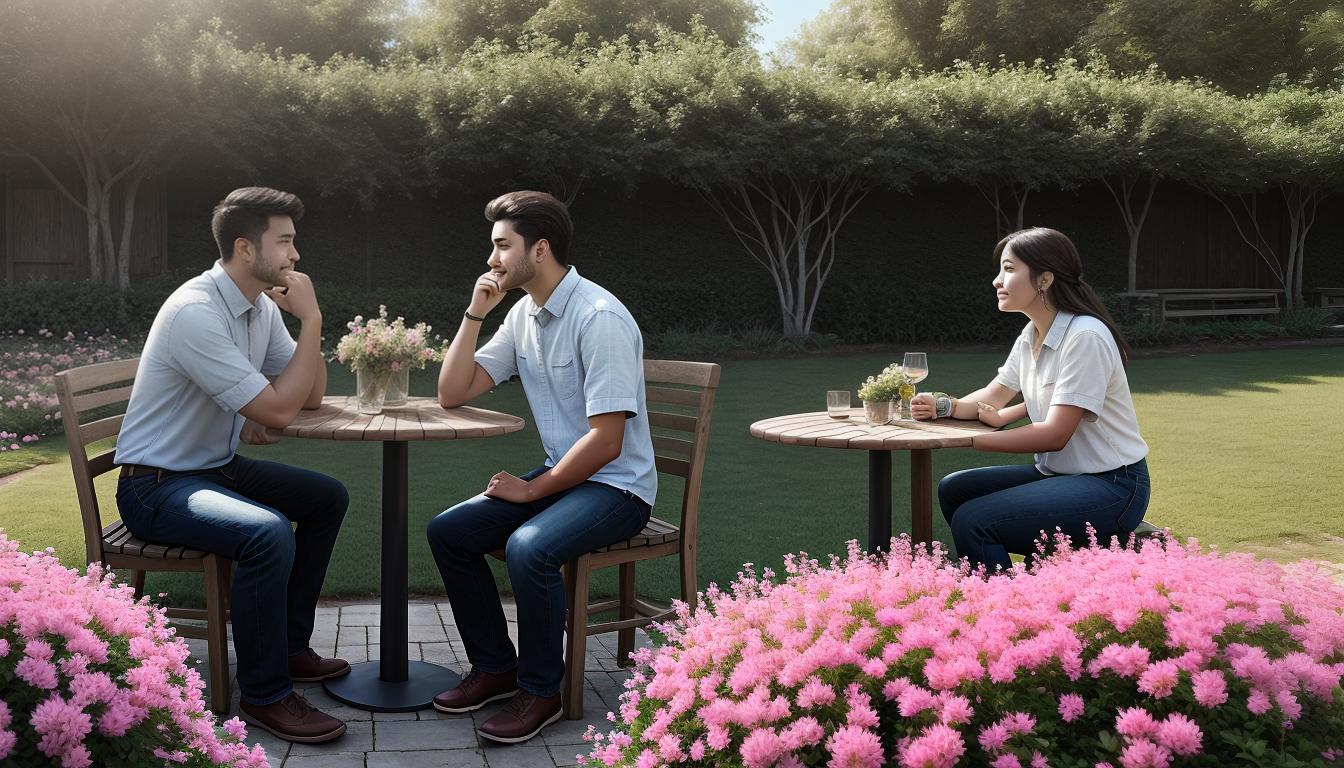  digital illustration, Man and woman sitting together, looking at each other with thoughtful expressions, serene outdoor setting, soft sunlight, blooming flowers, hopeful, reflective, looking at viewer, dynamic pose, (intricate details, masterpiece, best quality)