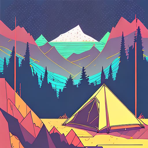 nvinkpunk Whimsical mountains with trees, camping tent and fire