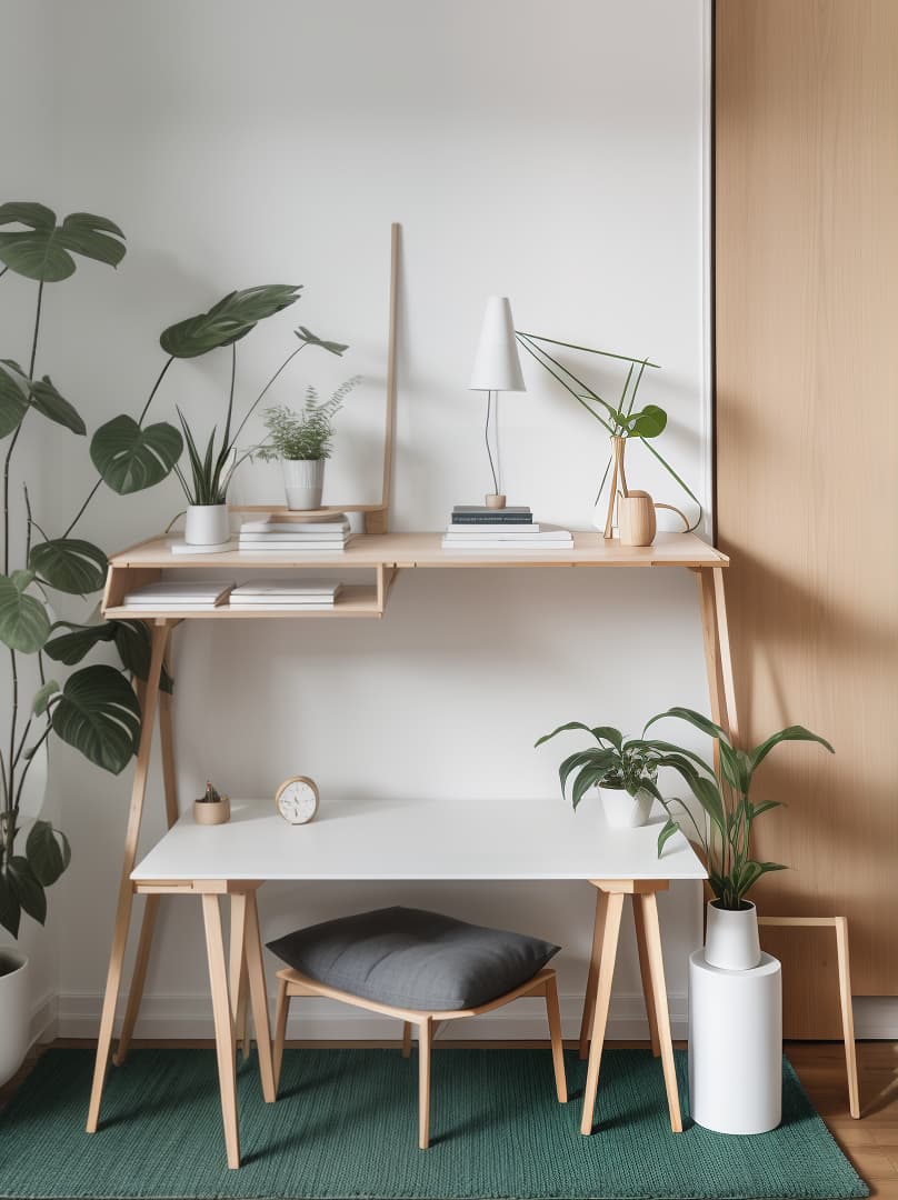  interior design (((scandinavian))) (((desk))),Nordic, functionality, well being, light colors, pastels, light wood, compass feet, green plants, unadorned, ergonomics, comfortable, sleek, understated, elegant, geometric patterns, bleached birch wood, purity, wooden slats, modular storage, white light, dynamic, vases, long haired rugs, cushions, throws, cocooning, chalet.