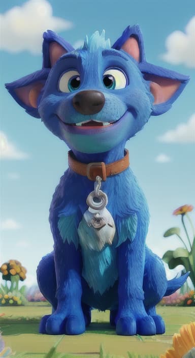  {Max carefully picking up the ball with his teeth without disturbing the flowers, The big blue dog is large with sky blue fur, big round eyes, a black nose, and floppy ears.