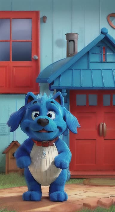  {Max the big blue dog standing in front of a cozy little house with a red door, The big blue dog is large with sky blue fur, big round eyes, a black nose, and floppy ears.