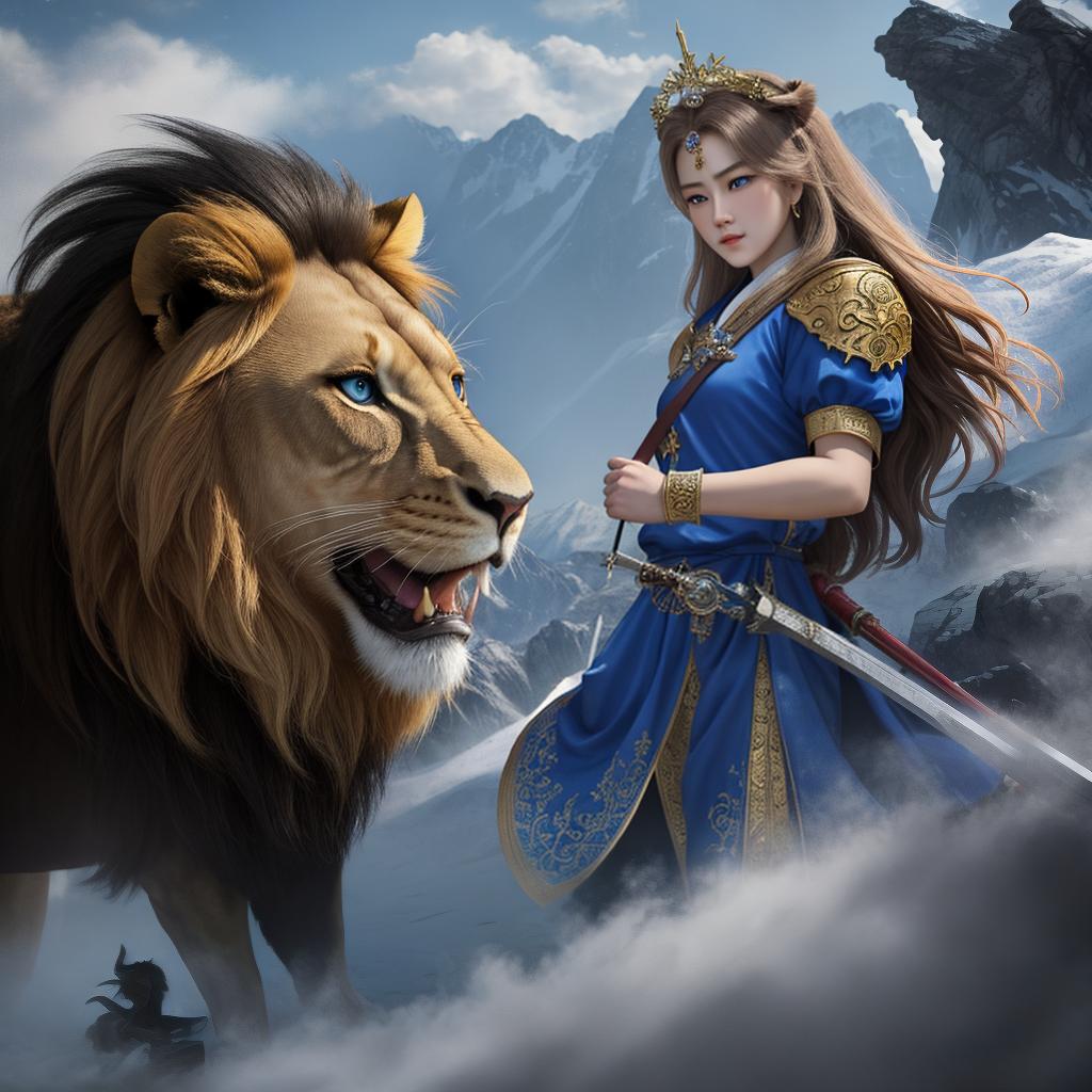  masterpiece, best quality, (Fidelity: 1.4), Best Quality, Masterpiece, Ultra High Resolution, Poster, Fantasy Art, Very Detailed Faces, 8k resolution, Chinese Style, A lion, Side Face, Quiet, royal blue eyes, Jesus on the cross, battle between good and evil, realistic effects