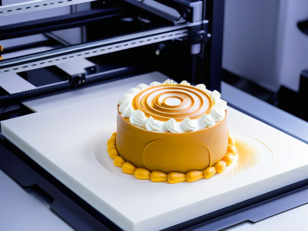  A sleek, minimalistic image of a 3D printer in action, meticulously crafting a detailed and intricate pastry design. The focus is on the precision and innovation of the technology, showcasing the fusion of traditional pastry artistry with cuttingedge 3D printing capabilities. The color palette is modern and sophisticated, with clean lines and a sense of futuristic creativity emanating from the image. hyperrealistic, full body, detailed clothing, highly detailed, cinematic lighting, stunningly beautiful, intricate, sharp focus, f/1. 8, 85mm, (centered image composition), (professionally color graded), ((bright soft diffused light)), volumetric fog, trending on instagram, trending on tumblr, HDR 4K, 8K