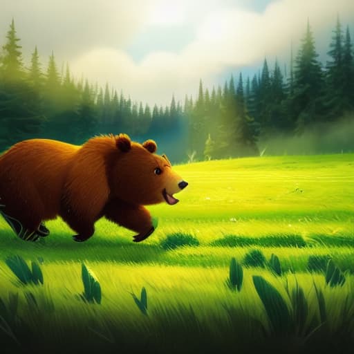  a bear is running through the field, forest, moolight, dangerous