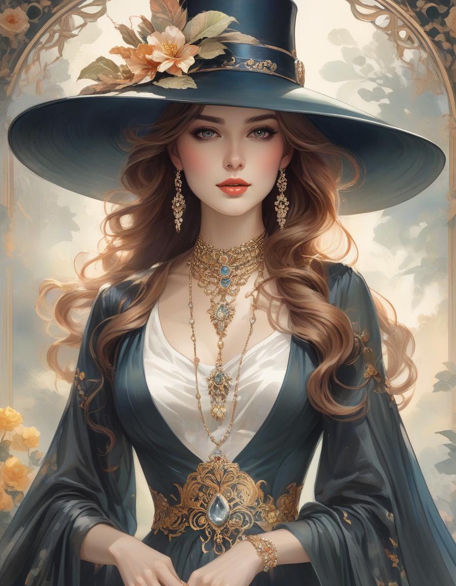  Art Nouveau style painting of a woman wearing a hat with a necklace, exquisite digital illustration, elegante pintura digital, linda pintura de persona gem, beautiful digital illustration, estilo de pintura digital, linda pintura digital, linda arte digital, no estilo aquarela, pintura linda, no art style by bowater, a beautiful art illustration, no estilo de aquarela digital, with ink blots and paint running down the screen . elegant, decorative, curvilinear forms, nature inspired, ornate, detailed hyperrealistic, full body, detailed clothing, highly detailed, cinematic lighting, stunningly beautiful, intricate, sharp focus, f/1. 8, 85mm, (centered image composition), (professionally color graded), ((bright soft diffused light)), volumetric fog, trending on instagram, trending on tumblr, HDR 4K, 8K