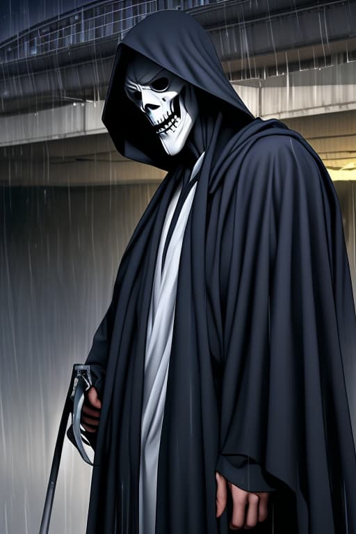  A-TaK, Tall, standing under freeway light, heavy rain, dressed like grim reaper, white mask, Grendel type