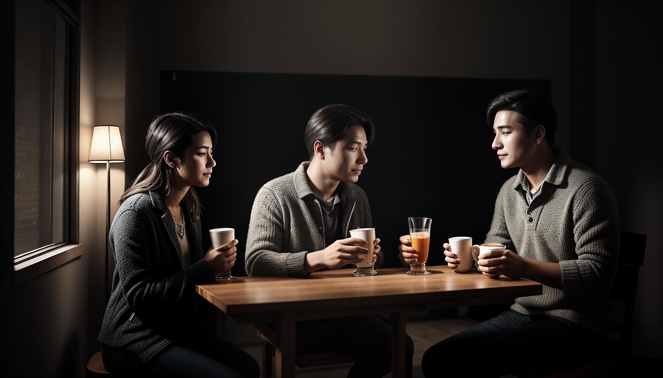  digital illustration, 1woman and 1man sitting closely, without tools, sharing a warm drink, warm lighting, sense of mutual respect and emotional bonding, looking at viewer, dynamic pose, (intricate details, masterpiece, best quality)