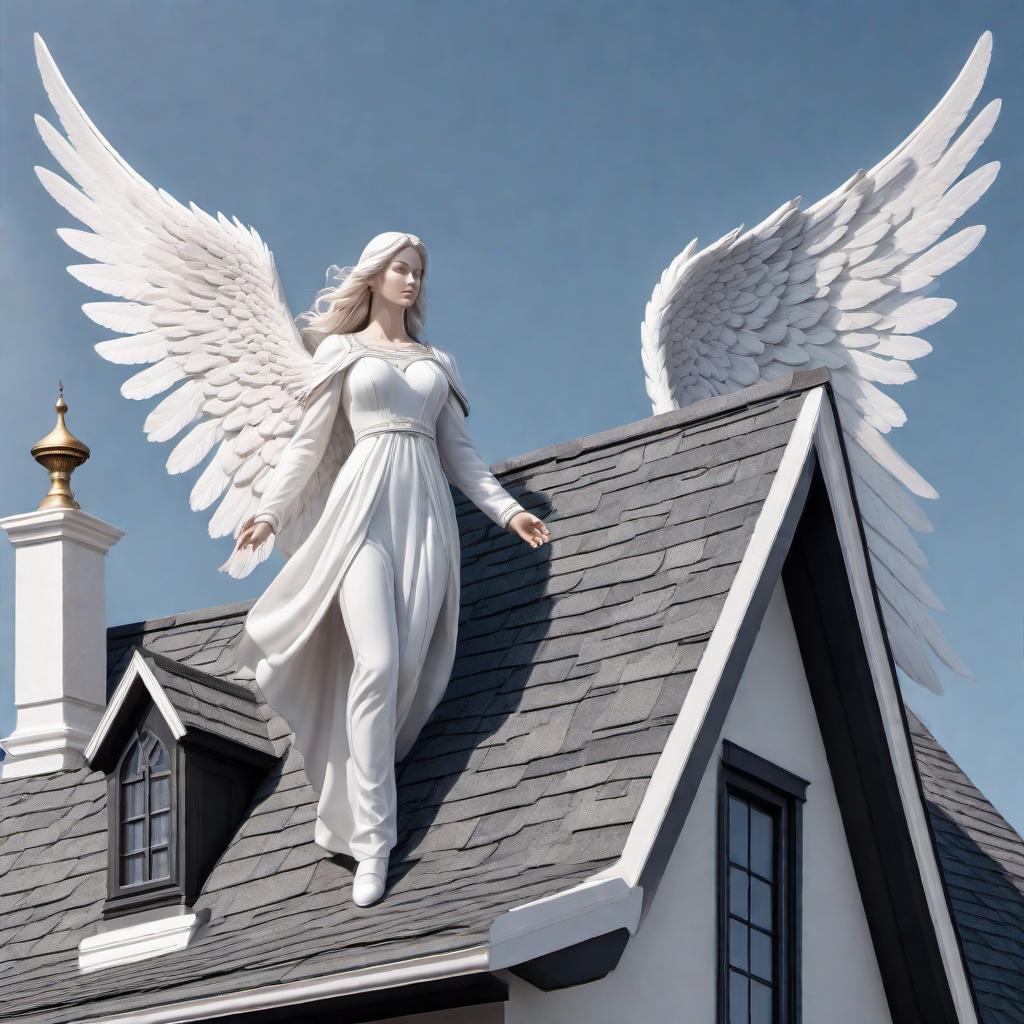  A logo design for 'Angelic Roofing LLC' featuring a stylized angelic figure with outstretched wings, symbolizing protection and heavenly support. The angel is positioned above a house silhouette, and the wings are designed to resemble roof shingles, emphasizing the connection to the roofing industry. The text 'Angelic Roofing' is placed below the icon, with 'LLC' written in a smaller font beneath it. The color scheme includes a soft shade of white or light gray for the angel to represent purity and protection, dark gray or charcoal for the wings/shingles, medium to dark gray for the house silhouette, and black or dark gray for the text. The font used is clean and modern, such as Montserrat or Open Sans, to convey reliability and professiona hyperrealistic, full body, detailed clothing, highly detailed, cinematic lighting, stunningly beautiful, intricate, sharp focus, f/1. 8, 85mm, (centered image composition), (professionally color graded), ((bright soft diffused light)), volumetric fog, trending on instagram, trending on tumblr, HDR 4K, 8K