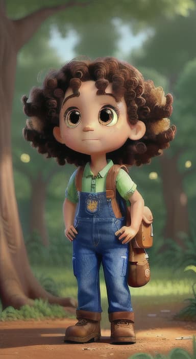  {The tree with a twinkling eye, while its leaves gently rustle., Riley, a curious with big brown eyes and curly hair, wearing overalls and carrying a small backpack. Their friend, Skye, a bluebird with shiny feathers.