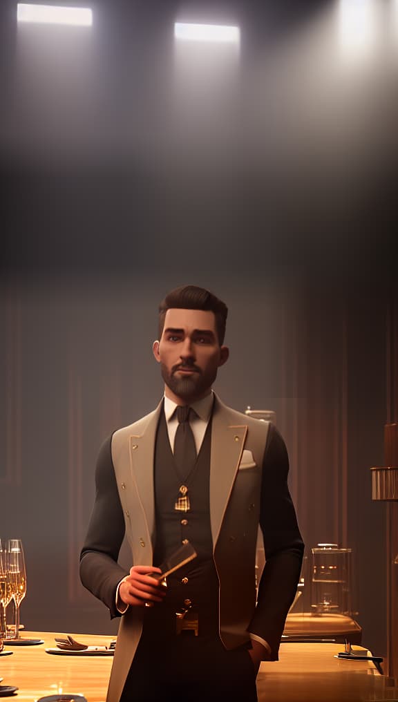arcane style only one man, Instagram photo of 30 y.o Royce Lane Harry Colby Seaver, wearing suit at restaurant, drinking red wine, looking at camera, eye contact, 8K, ultra HD, sharp looking hyperrealistic, full body, detailed clothing, highly detailed, cinematic lighting, stunningly beautiful, intricate, sharp focus, f/1. 8, 85mm, (centered image composition), (professionally color graded), ((bright soft diffused light)), volumetric fog, trending on instagram, trending on tumblr, HDR 4K, 8K