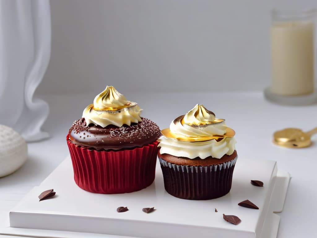  An ultradetailed closeup of a perfectly piped swirl of glossy chocolate ganache on a vibrant red velvet cupcake, topped with a delicate gold leaf, all set against a pristine white backdrop. hyperrealistic, full body, detailed clothing, highly detailed, cinematic lighting, stunningly beautiful, intricate, sharp focus, f/1. 8, 85mm, (centered image composition), (professionally color graded), ((bright soft diffused light)), volumetric fog, trending on instagram, trending on tumblr, HDR 4K, 8K