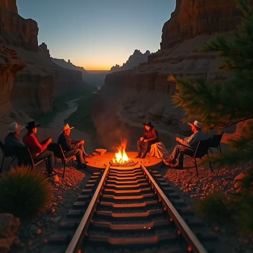  create a western inspired photograph shot in 50mm from a first person view sitting around a campfire. also inspired by roger deakins cinematogrphy work. this photograph has to emphasize tension and each section is motivating each other to tell a story. in the midground shows a railway going into a man sized mining cavern. the overall scene is set in a desert setting at dawn just before the sunrise. the scene is seperated in three sections, the foreground, middleground, and background. the background shows a deep canyon below with rugged rock formations and a winding river that tapers down into the distance. the midground appears closer to your area at around 100 ft away and comprises part of a canyonside. within this canyonside you see a ra hyperrealistic, full body, detailed clothing, highly detailed, cinematic lighting, stunningly beautiful, intricate, sharp focus, f/1. 8, 85mm, (centered image composition), (professionally color graded), ((bright soft diffused light)), volumetric fog, trending on instagram, trending on tumblr, HDR 4K, 8K