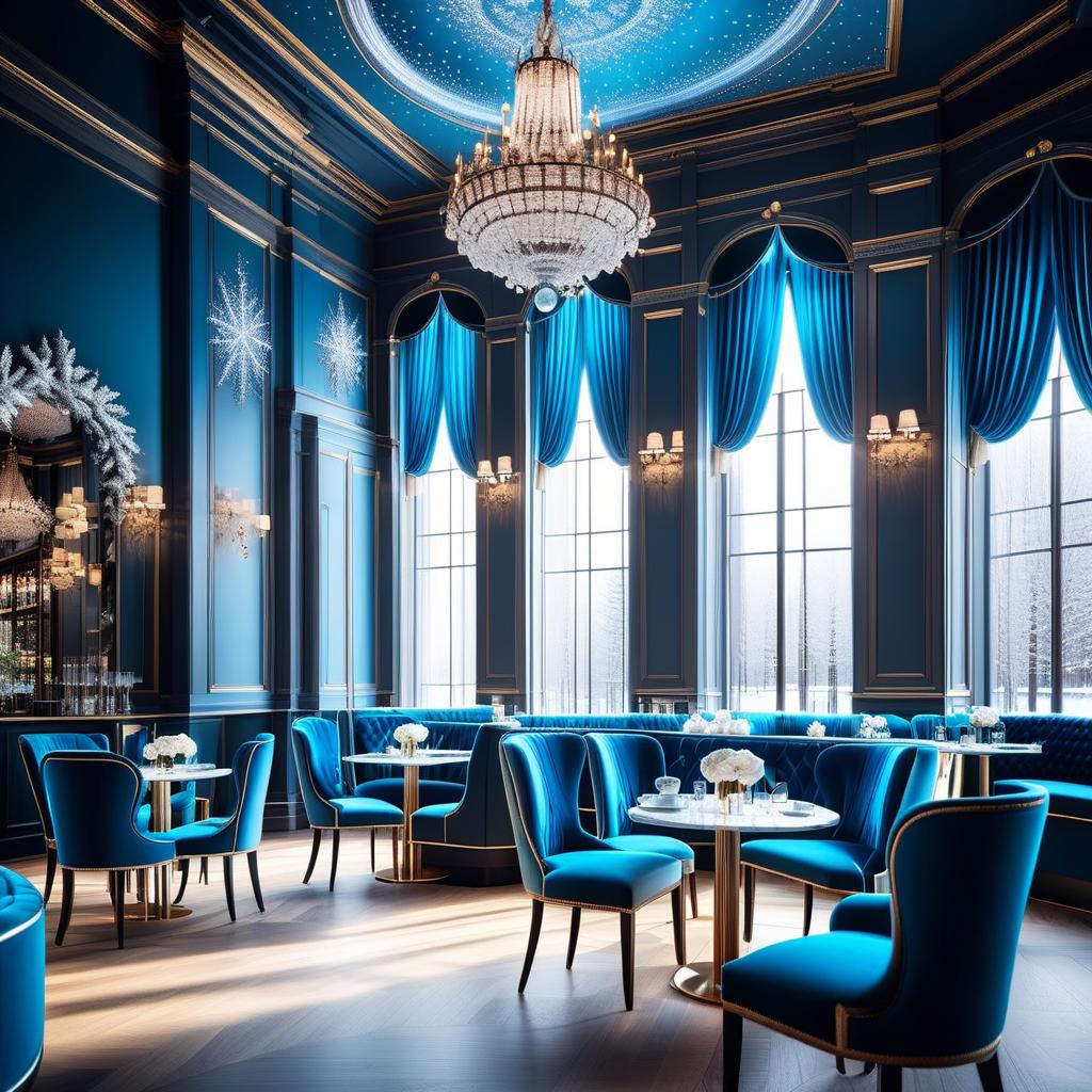  Luxury product style (Cafe interior). (Floor and walls):decorated with snowy intricate patterns of blue, white, silver snowflakes. (Furniture): elegant tables and chairs are forged from ice crystals and sparkle in the starlight. The windows are covered with openwork curtains made of frost. . Elegant, sophisticated, high end, luxurious, professional, highly detailed hyperrealistic, full body, detailed clothing, highly detailed, cinematic lighting, stunningly beautiful, intricate, sharp focus, f/1. 8, 85mm, (centered image composition), (professionally color graded), ((bright soft diffused light)), volumetric fog, trending on instagram, trending on tumblr, HDR 4K, 8K