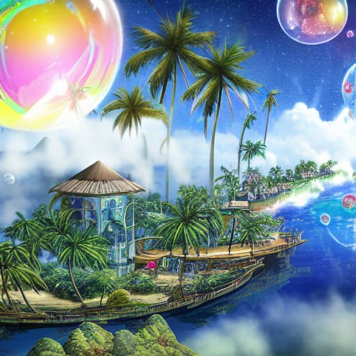  There is a treasure island inside the dust bubble, fir trees, palm trees, and baobabs grow on the island. Outside the Milky Way Soap Bubble