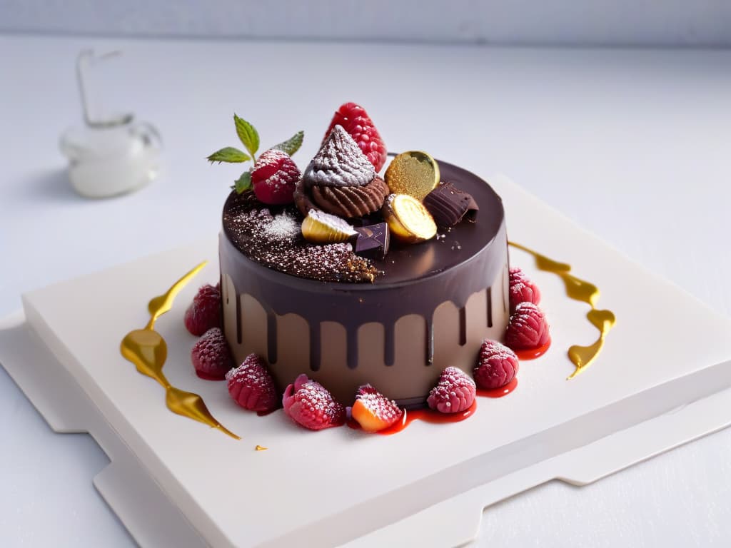  A closeup, highresolution image of a delicate 3Dprinted dessert masterpiece, showcasing intricate layers of chocolate ganache, raspberry coulis, and edible gold leaf details. The dessert sits elegantly on a modern, sleek white plate, with soft ambient lighting highlighting its glossy surface and fine craftsmanship. The background is blurred to emphasize the dessert, creating a visually stunning and minimalist composition that exudes sophistication and artistry. hyperrealistic, full body, detailed clothing, highly detailed, cinematic lighting, stunningly beautiful, intricate, sharp focus, f/1. 8, 85mm, (centered image composition), (professionally color graded), ((bright soft diffused light)), volumetric fog, trending on instagram, trending on tumblr, HDR 4K, 8K