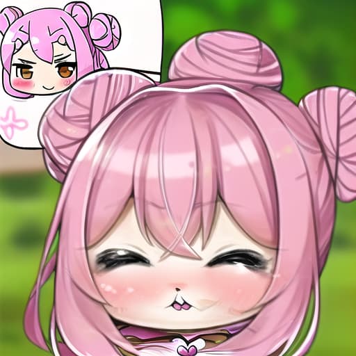  pink. furry. twin bun hair. girl. chibi. cute. kawaii. background cute cosmetics. blurred blush painting. cute dragon