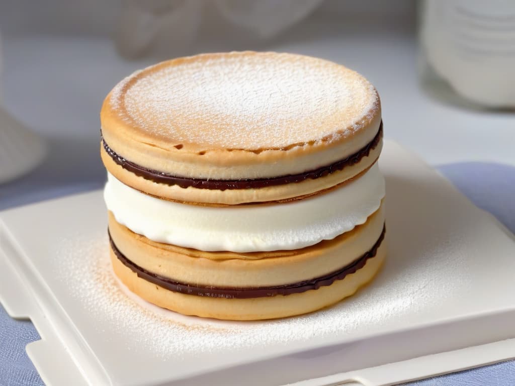  A minimalist black and white closeup image of a freshly made alfajor, showcasing intricate layers of dulce de leche sandwiched between two perfectly baked cookies, with a light dusting of powdered sugar on top. The image captures the texture and craftsmanship of this traditional Argentine dessert, highlighting the importance of attention to detail in creating a memorable dessert experience in Buenos Aires. hyperrealistic, full body, detailed clothing, highly detailed, cinematic lighting, stunningly beautiful, intricate, sharp focus, f/1. 8, 85mm, (centered image composition), (professionally color graded), ((bright soft diffused light)), volumetric fog, trending on instagram, trending on tumblr, HDR 4K, 8K