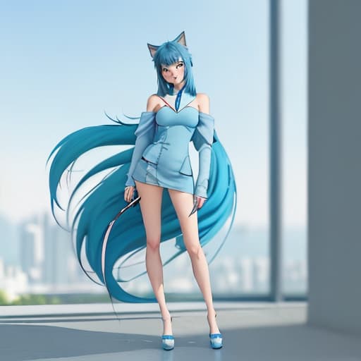  masterpiece. blurry background. loocing at viewers. 1girl. blue hair. Makoto Shinkai style. bangs. vibrant colors. 8K. high details. in the style skin of furry art. Ferrania p30. blue eyes. full body