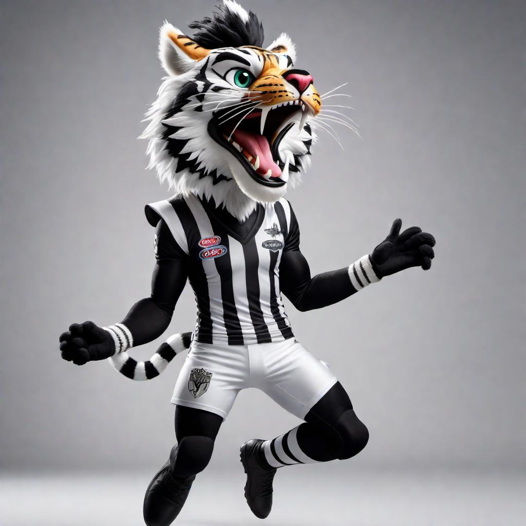  Create an image of the Collingwood Magpies mascot, animated and full of energy, jumping all over a tiger. The scene should be humorous and light-hearted, not aggressive. The Magpies mascot should be in its black and white team colors, looking triumphant and playful, while the tiger, although surprised, does not look harmed or scared. hyperrealistic, full body, detailed clothing, highly detailed, cinematic lighting, stunningly beautiful, intricate, sharp focus, f/1. 8, 85mm, (centered image composition), (professionally color graded), ((bright soft diffused light)), volumetric fog, trending on instagram, trending on tumblr, HDR 4K, 8K