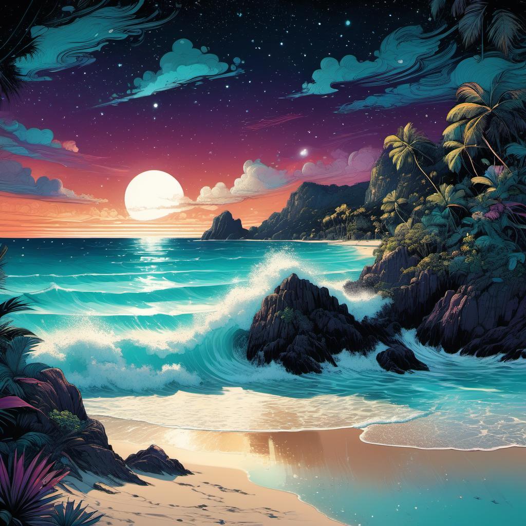  Tropical beach, turquoise water, white sand, starry sky, clouds, dark perple colors, by Nicolas Delort and Victo Ngai, vivid, highly detailed, hand-drawn, combined with digital art, night, whimsical, (enchanting atmosphere:1.1), warm lighting , depth of field, Wacom Cintiq, Adobe Photoshop, 300 DPI, (hdr:1.2)