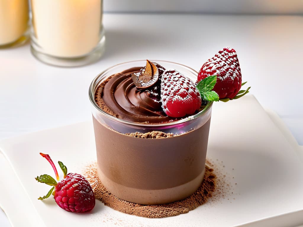  A closeup, ultradetailed photograph of a decadent lowcalorie chocolate mousse in a delicate glass dessert cup. The mousse is perfectly smooth, topped with a sprinkle of cocoa powder, and garnished with a single fresh raspberry on the side. The glass reflects the soft glow of natural light, highlighting the rich texture of the dessert while emphasizing its elegant presentation. hyperrealistic, full body, detailed clothing, highly detailed, cinematic lighting, stunningly beautiful, intricate, sharp focus, f/1. 8, 85mm, (centered image composition), (professionally color graded), ((bright soft diffused light)), volumetric fog, trending on instagram, trending on tumblr, HDR 4K, 8K