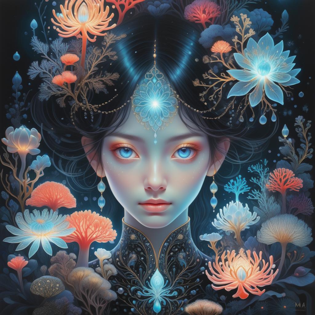  photo RAW, (Ultra detailed illustration of a person lost in a magical world of wonders, glowy, bioluminescent flora, incredibly detailed, pastel colors, art by Mschiffer, night, bioluminescence, ultrarealistic, hyperrealistice, hyperdetailed: shiny aura, highly detailed, black pearls, gold and coral filigree, intricate motifs, organic tracery, Kiernan Shipka, Januz Miralles, Hikari Shimoda, glowing stardust by W. Zelmer, perfect composition, smooth, sharp focus, sparkling particles, lively coral reef colored background Realistic, realism, hd, 35mm photograph, 8k), masterpiece, award winning photography, natural light, perfect composition, high detail, hyper realistic, add depth, water background hyperrealistic, full body, detailed clothing, highly detailed, cinematic lighting, stunningly beautiful, intricate, sharp focus, f/1. 8, 85mm, (centered image composition), (professionally color graded), ((bright soft diffused light)), volumetric fog, trending on instagram, trending on tumblr, HDR 4K, 8K