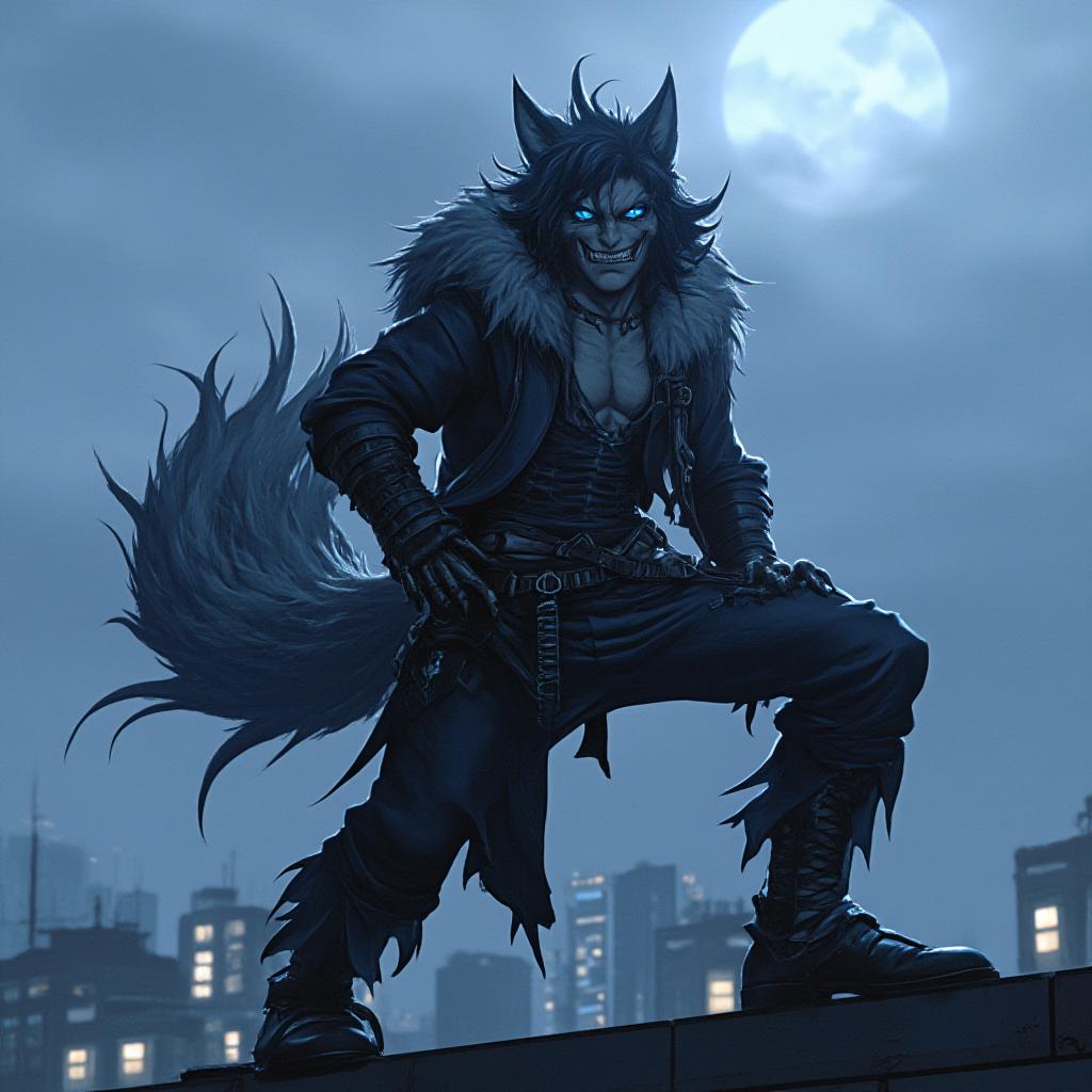  a menacing wolf boy anime character, with sharp, piercing blue eyes, stands on a rooftop overlooking a cityscape. his large, bushy tail swishes behind him as he lets out an evil smirk. his fur is a dark, midnight gray, and his clothes are torn and ragged. he is a villain, but there is a hint of sadness in his eyes, suggesting a complex backstory. anime style, dynamic pose, detailed background.anime style, from famous artist, deviantart art work, hyper detail, intricated details, sharp focus, high resolution, 8k, ultra detailed hyperrealistic, full body, detailed clothing, highly detailed, cinematic lighting, stunningly beautiful, intricate, sharp focus, f/1. 8, 85mm, (centered image composition), (professionally color graded), ((bright soft diffused light)), volumetric fog, trending on instagram, trending on tumblr, HDR 4K, 8K