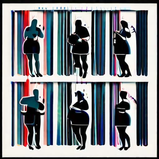  a fat woman, looking scared at her waist with an accordion effect