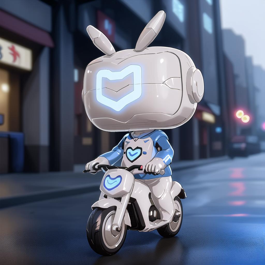  anxiaozhi, "An Xiao Zhi", cute white robot wears a blue jacket ，rides a motorcycle, double abbit like antennae,（glowing heart shaped symbol on face:0.5)，in rainning cyberpunk street,a clean and crisp anime illustration with bold outlines, smooth shading,cell shaded, crisp ,flat colors, and a minimalistic background.