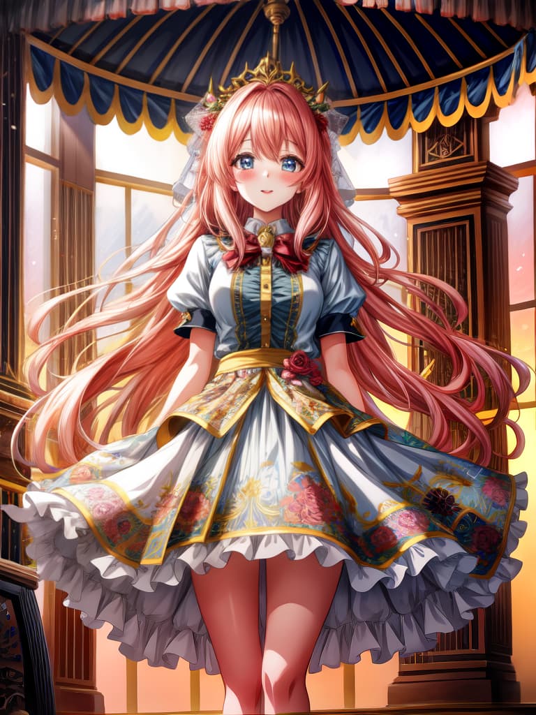  ,long hair,,adorable ,,hime cut,wavy hair,blush,drunk,, dress,bare legs,Ultra fine, the best quality, masterpiece, high level, original, ultra fine 8K wallpaper, a very exquisite and beautiful anime, 1 , beautiful, , happy, on a carousel, anime style, beautiful, perfect, meticulous, beautiful, ideal, impeccable hyperrealistic, full body, detailed clothing, highly detailed, cinematic lighting, stunningly beautiful, intricate, sharp focus, f/1. 8, 85mm, (centered image composition), (professionally color graded), ((bright soft diffused light)), volumetric fog, trending on instagram, trending on tumblr, HDR 4K, 8K