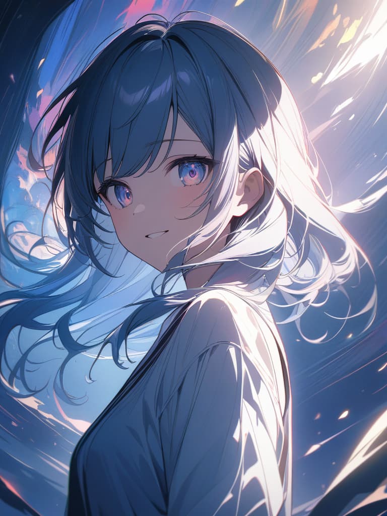  a beautiful blue haired girl,long messy hair,ultra detailed,deep shadow,beautiful detailed deep rainbow eyes,cute and beautiful face,shy smile,white shirt,upper body view,colorful,(masterpiece:1.2),(best quality:1.2),detailed background,high contrast,(best illumination,an extremely delicate and beautiful),((cinematic light)),hyper detail,dramatic light,intricate details,8k,anime,very aesthetic,, masterpiece, best quality,8k,ultra detailed,high resolution,an extremely delicate and beautiful,hyper detail