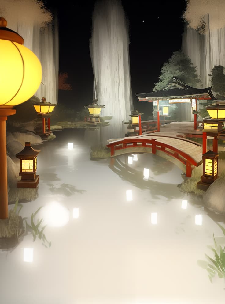  masterpiece, best quality, (fidelity:1.4), best quality, masterpiece, ultra high resolution, 8k resolution, night view inspired by Japanese art, featuring a garden illuminated by paper lanterns and a wooden bridge spanning a tranquil lake with a small Zen temple beside the lake.