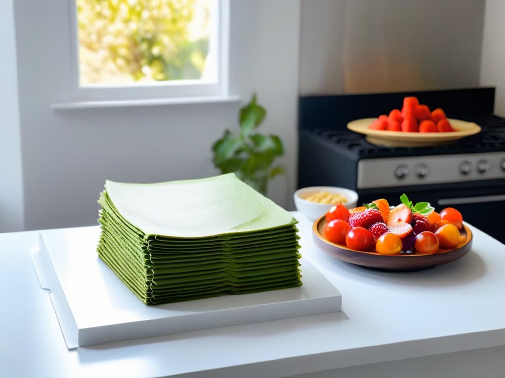  An ultradetailed image of a pristine white kitchen counter with a stack of beautifully photographed healthy baking cookbooks neatly arranged next to a bowl of fresh, vibrant berries and a wooden rolling pin. The sunlight streams in from a nearby window, casting a soft, inviting glow over the scene, emphasizing the simplicity and elegance of healthy baking. hyperrealistic, full body, detailed clothing, highly detailed, cinematic lighting, stunningly beautiful, intricate, sharp focus, f/1. 8, 85mm, (centered image composition), (professionally color graded), ((bright soft diffused light)), volumetric fog, trending on instagram, trending on tumblr, HDR 4K, 8K