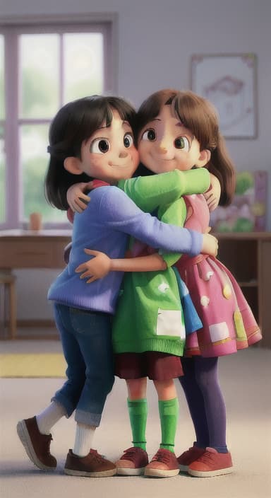  {Children coming together for a hug, wrapped in each other's arms., The same happy children, showing unity and friendship as they hug each other.