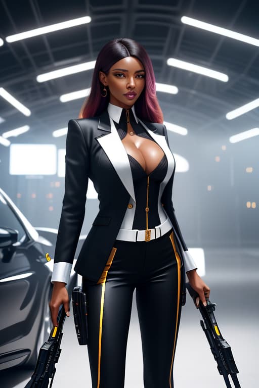 A bewitching black woman in a pink blazer suit with white button down blouse as the CEO of a travel company , 8K, RAW, best quality, masterpiece, ultra high res, colorful, (medium wide shot), (dynamic perspective), sharp focus , (depth of field, bokeh:1.3), extremely detailed eyes and face, beautiful detailed eyes,large breasts,(black gold, trimmed gear:1.2),(In a futuristic weapons factory:1.2), ((masterpiece, best quality)), <lora:more details:0.3> Detailed background, spaceship interior <lora:Niji:0.5> hyperrealistic, full body, detailed clothing, highly detailed, cinematic lighting, stunningly beautiful, intricate, sharp focus, f/1. 8, 85mm, (centered image composition), (professionally color graded), ((bright soft diffused light)), volumetric fog, trending on instagram, trending on tumblr, HDR 4K, 8K