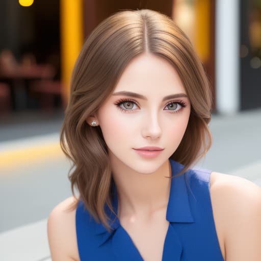  photo of young woman, highlight hair, sitting outside restaurant, wearing dress, rim lighting, studio lighting, looking at the camera, dslr, ultra quality, sharp focus, tack sharp, dof, film grain, Fujifilm XT3, crystal clear, 8K UHD, highly detailed glossy eyes, high detailed skin, skin pores