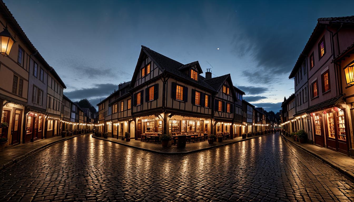  cinematic, aesthetic, A quaint village, glowing lanterns hanging above cobblestone streets, people conversing peacefully, dusk sky with purples and oranges, sense of harmony, calmness, unity, 4k, HDR, lens flare