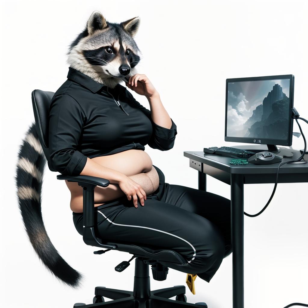  raccoon sitting in gaming chair front a computer on desktop, ((semi anthropomorphic)),(full body), tail, belly, sitting, fat, (chubby), (((white background))), solo, desktop, gaming chair, side view,  [[[clothes]]] hyperrealistic, full body, detailed clothing, highly detailed, cinematic lighting, stunningly beautiful, intricate, sharp focus, f/1. 8, 85mm, (centered image composition), (professionally color graded), ((bright soft diffused light)), volumetric fog, trending on instagram, trending on tumblr, HDR 4K, 8K