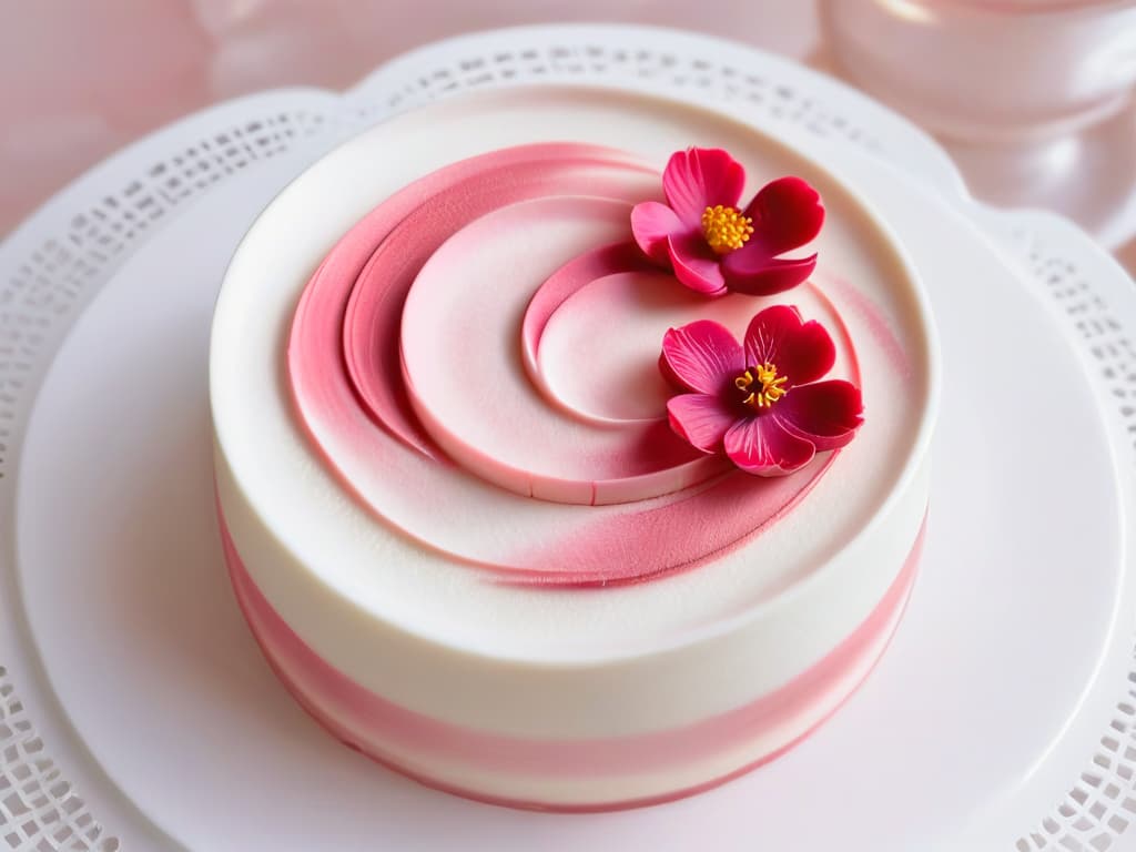  A closeup, highresolution image of a delicate cherry blossomshaped wagashi sweet, meticulously crafted with pink and white layers, resting on a simple, elegant white porcelain plate. The soft natural light highlights the intricate details of the wagashi, showcasing its beauty and artistry. The minimalistic composition focuses solely on the exquisite craftsmanship of this traditional Japanese confection, inviting viewers to appreciate the precision and skill required to create such a stunning sweet treat. hyperrealistic, full body, detailed clothing, highly detailed, cinematic lighting, stunningly beautiful, intricate, sharp focus, f/1. 8, 85mm, (centered image composition), (professionally color graded), ((bright soft diffused light)), volumetric fog, trending on instagram, trending on tumblr, HDR 4K, 8K