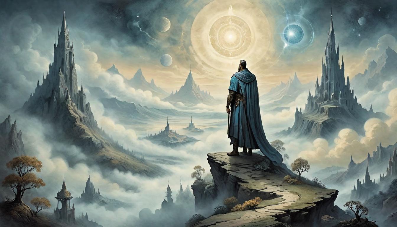  on parchment, surrealism+++, A majestic, elevated figure standing on a peak, a celestial aura surrounding them, looking noble and dignified, landscape below shrouded in mist, destiny, greatness, exalted nature(mysterious, provocative, symbolic,muted color)+++