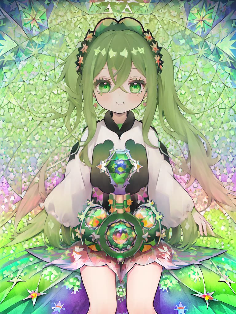  ((masterpiece)),((best quality)),(detailed background:1.4),(kaleidoscope:1.6),little girl,solo,green hair long wavy hair twintails.hairs between eyes,green eyes,1girl,smile, masterpiece, best quality,8k,ultra detailed,high resolution,an extremely delicate and beautiful,hyper detail