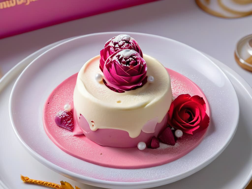  A closeup, ultradetailed photograph of a scoop of avantgarde ice cream artfully presented on a sleek, modern ceramic dish. The ice cream is a vibrant shade of magenta, swirled with streaks of shimmering gold leaf, and garnished with delicate rose petals and a sprinkle of edible silver pearls. The background is a soft focus, monochromatic image of a bustling ice cream shop, with customers chatting and enjoying their frozen treats, creating a dynamic contrast with the elegant simplicity of the main subject. hyperrealistic, full body, detailed clothing, highly detailed, cinematic lighting, stunningly beautiful, intricate, sharp focus, f/1. 8, 85mm, (centered image composition), (professionally color graded), ((bright soft diffused light)), volumetric fog, trending on instagram, trending on tumblr, HDR 4K, 8K