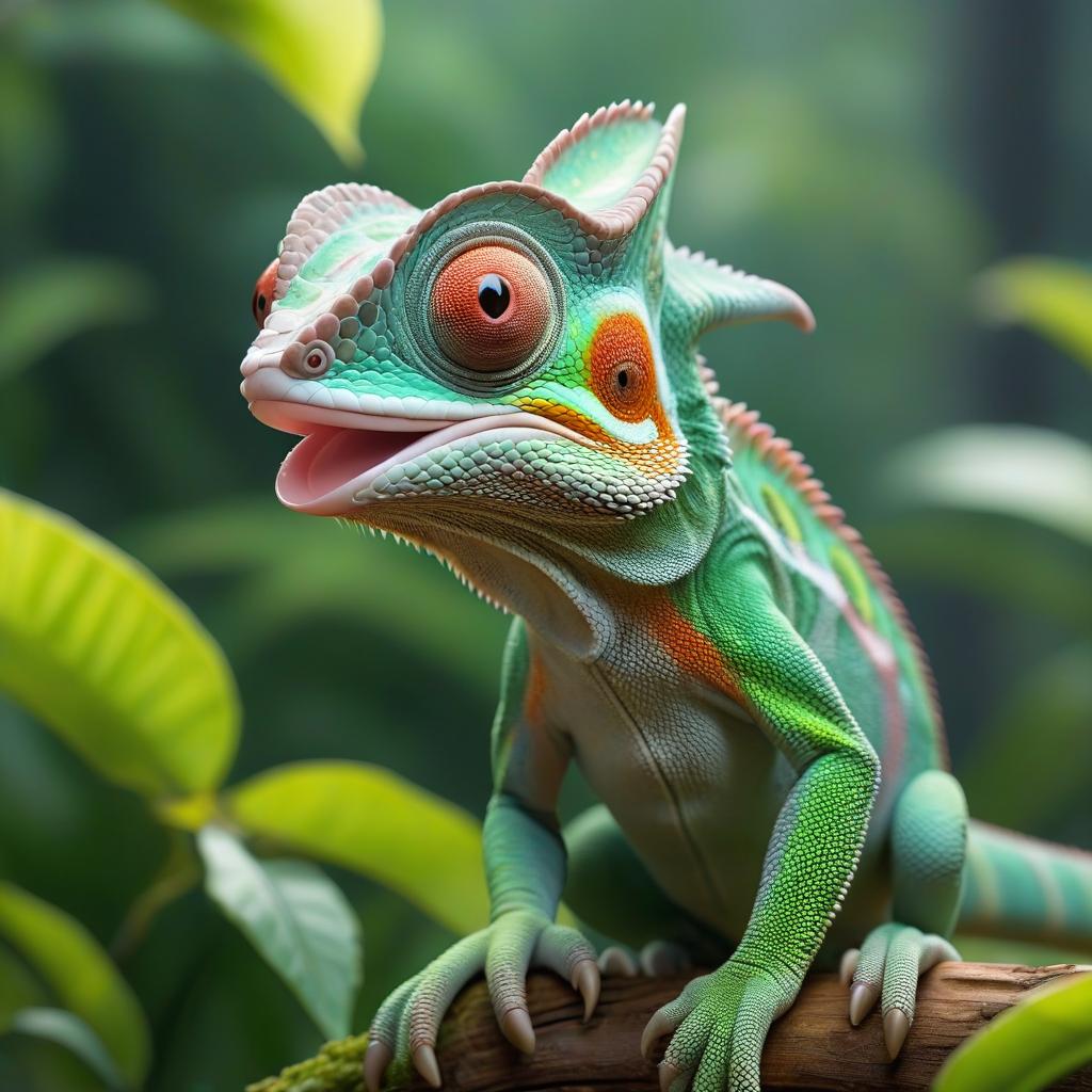  The animated, cute chameleon is sticking out its tongue. hyperrealistic, full body, detailed clothing, highly detailed, cinematic lighting, stunningly beautiful, intricate, sharp focus, f/1. 8, 85mm, (centered image composition), (professionally color graded), ((bright soft diffused light)), volumetric fog, trending on instagram, trending on tumblr, HDR 4K, 8K