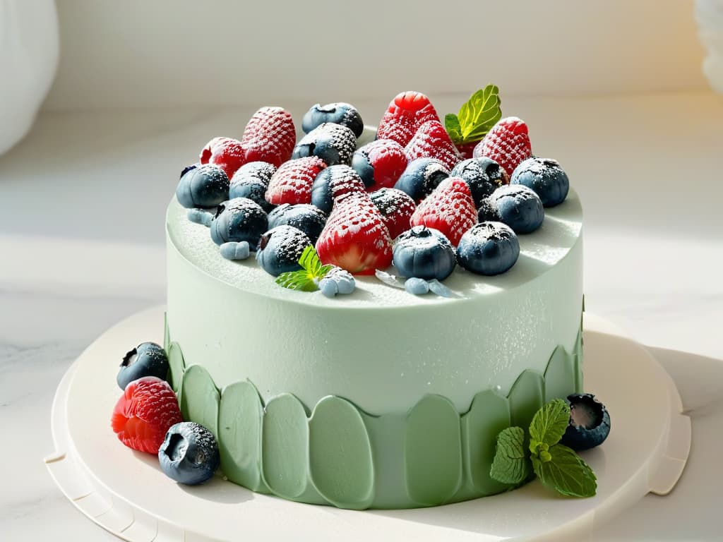  A closeup, ultradetailed image of a delicate and intricately designed lowsugar cake decorated with fresh berries and mint leaves, set on a sleek, modern marble cake stand. The cake's surface glistens with a light glaze, showcasing the craftsmanship and artistry of the dessert, embodying the essence of indulgence and healthconscious baking. hyperrealistic, full body, detailed clothing, highly detailed, cinematic lighting, stunningly beautiful, intricate, sharp focus, f/1. 8, 85mm, (centered image composition), (professionally color graded), ((bright soft diffused light)), volumetric fog, trending on instagram, trending on tumblr, HDR 4K, 8K