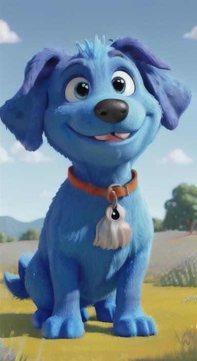  {A happy, big blue dog wagging its tail in a colorful meadow, The big blue dog is large with sky blue fur, big round eyes, a black nose, and floppy ears.